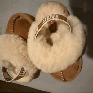 UGG Tan and Cream Fluffy Slides